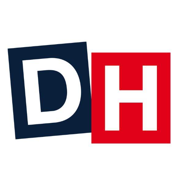 A minimalist graphic logo featuring the letters D and H in white against dark blue and bright red square blocks